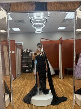 Jovani One-Shoulder Black Sequin Gown with Draped Cape